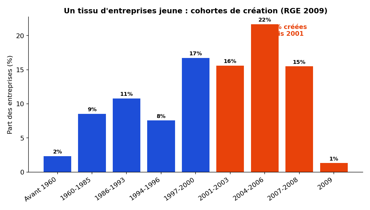 Répartition des entreprises par cohorte de création, Cameroun RGE 2009